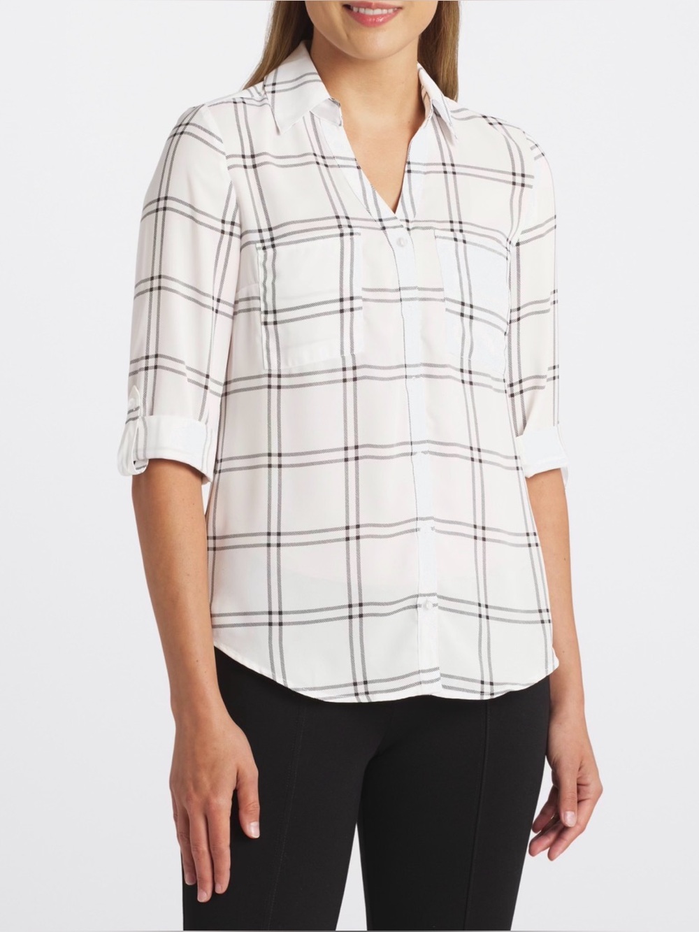 Fortune + Ivy White Black Windowpane Plaid Button Down Top L